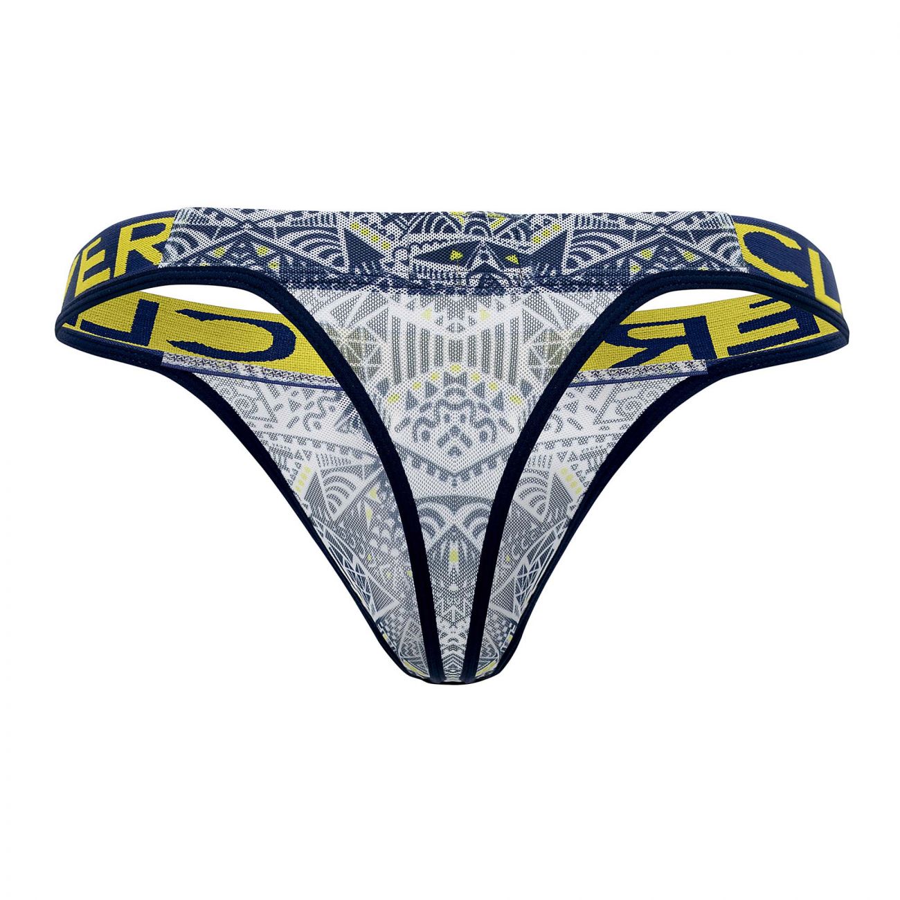 Navy and yellow geometric patterned thong from clever 0921 tribal thongs color white collection visible from front side