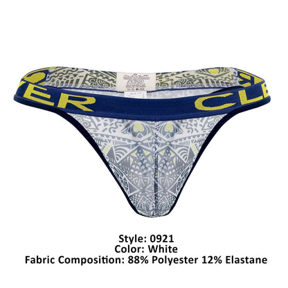 White thong with navy blue waistband, bold yellow clover lettering, and gray white lime green geometric pattern