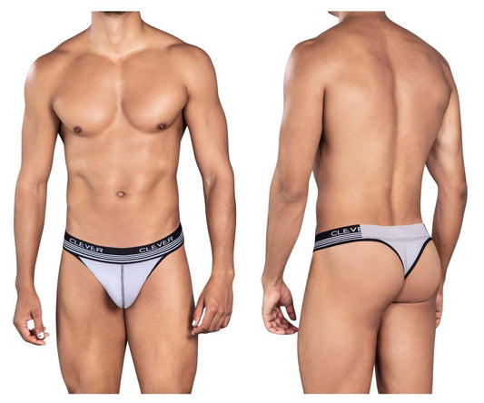 Light gray and black striped clever 0926 comfy thong with branded waistband shown from the back side