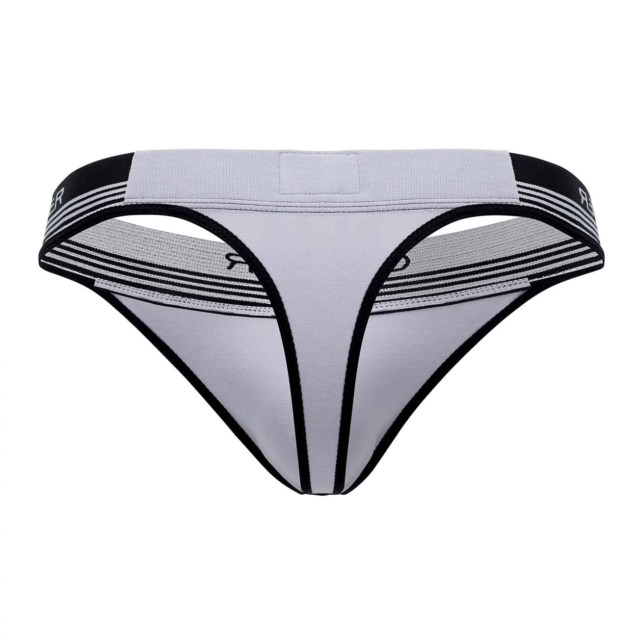 Gray and black athletic-style thong with striped elastic waistband from clever 0926 comfy thongs collection