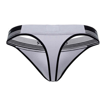 Gray and black athletic-style thong with striped elastic waistband from clever 0926 comfy thongs collection