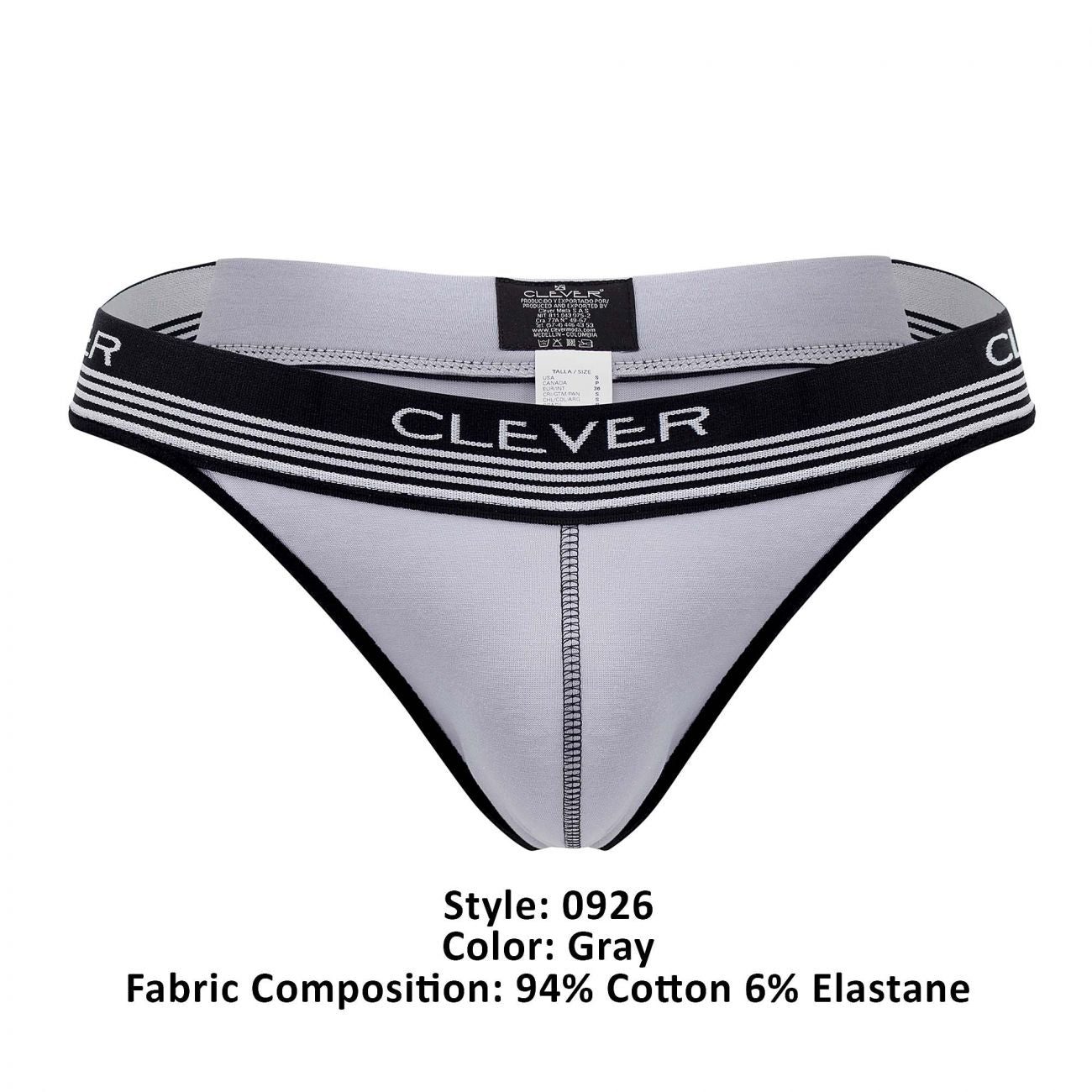 Gray clever 0926 comfy thong with black trim and striped waistband showing front design and comfortable fit