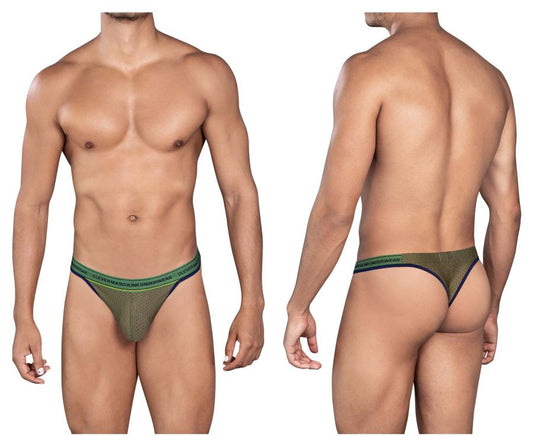 Olive green mesh thong with teal and black elastic waistband featuring clover brand name from clever 0927 premium thongs