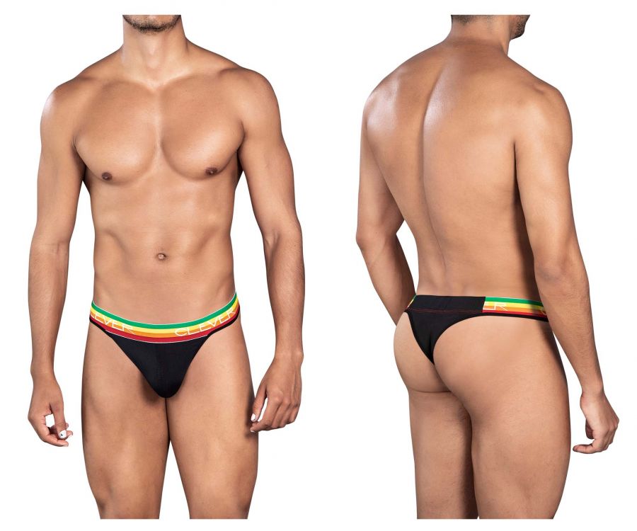 Black clever 0939 orion thong briefs with vibrant red yellow and green striped waistband for comfortable wear