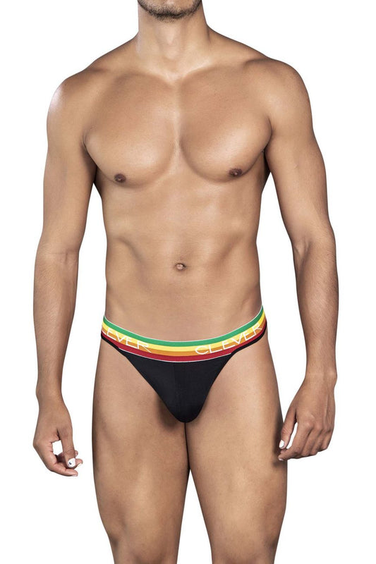 Black clever 0939 orion thong briefs with rainbow striped ceram waistband front view for stylish comfort