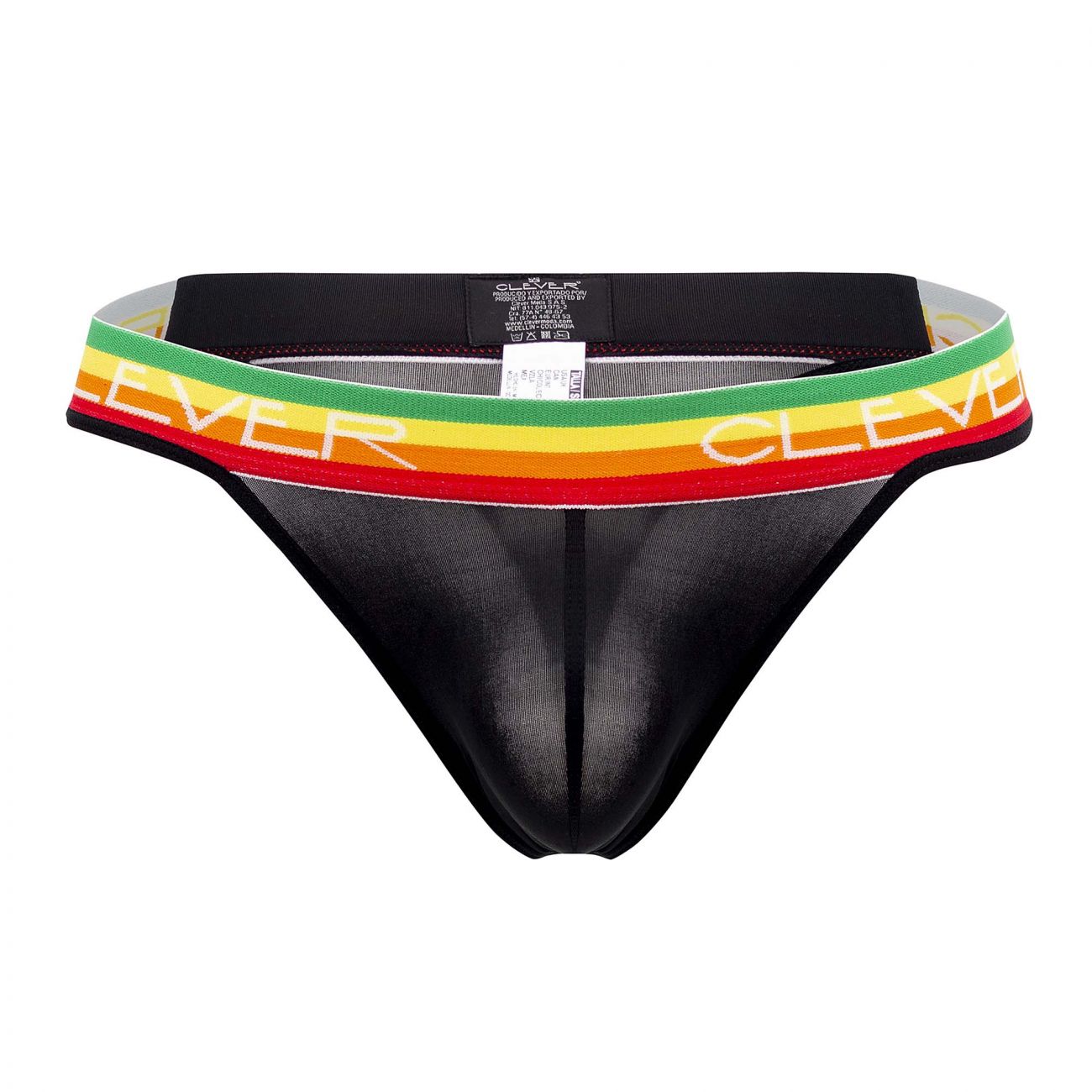 Black sheer clever 0939 orion thong with rainbow striped waistband and clever lettering visible from the back side