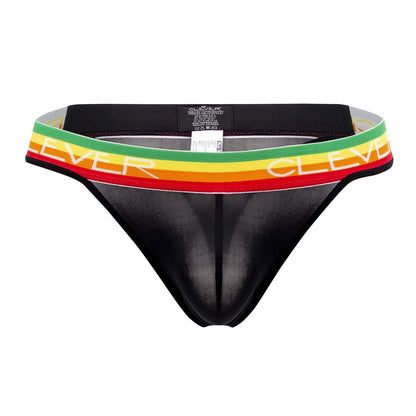 Black sheer clever 0939 orion thong with rainbow striped waistband and clever lettering visible from the back side