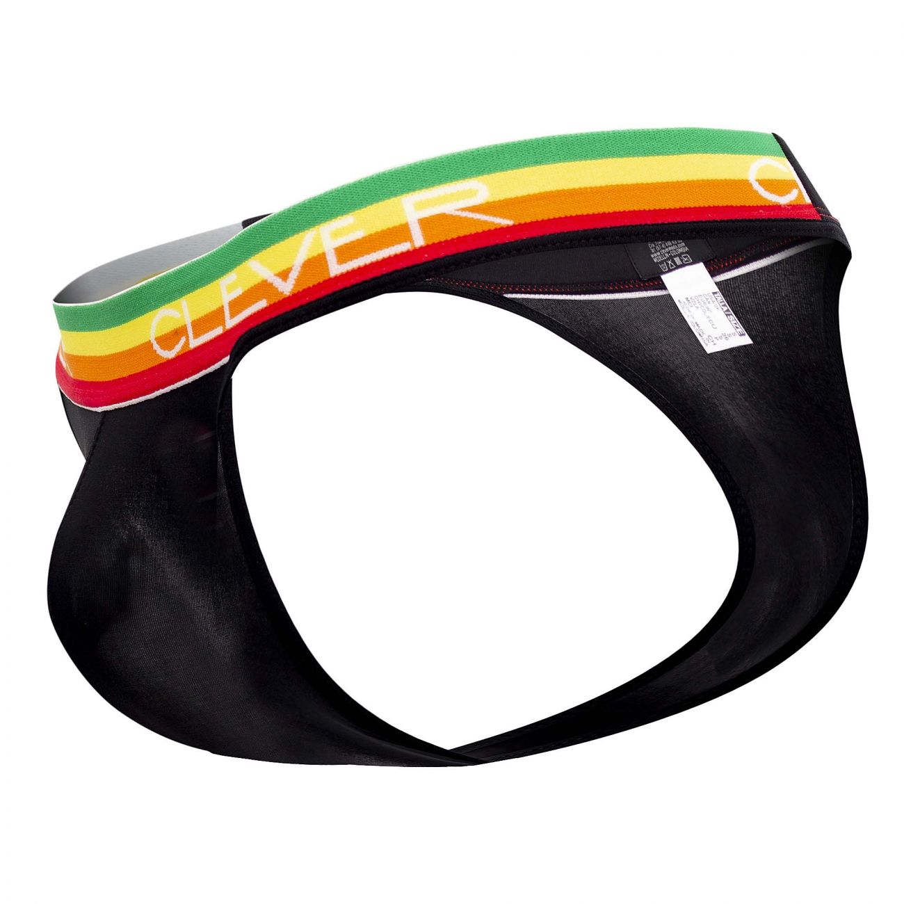 Black clever 0939 orion thong briefs with vibrant green yellow and red striped waistband featuring clever logo