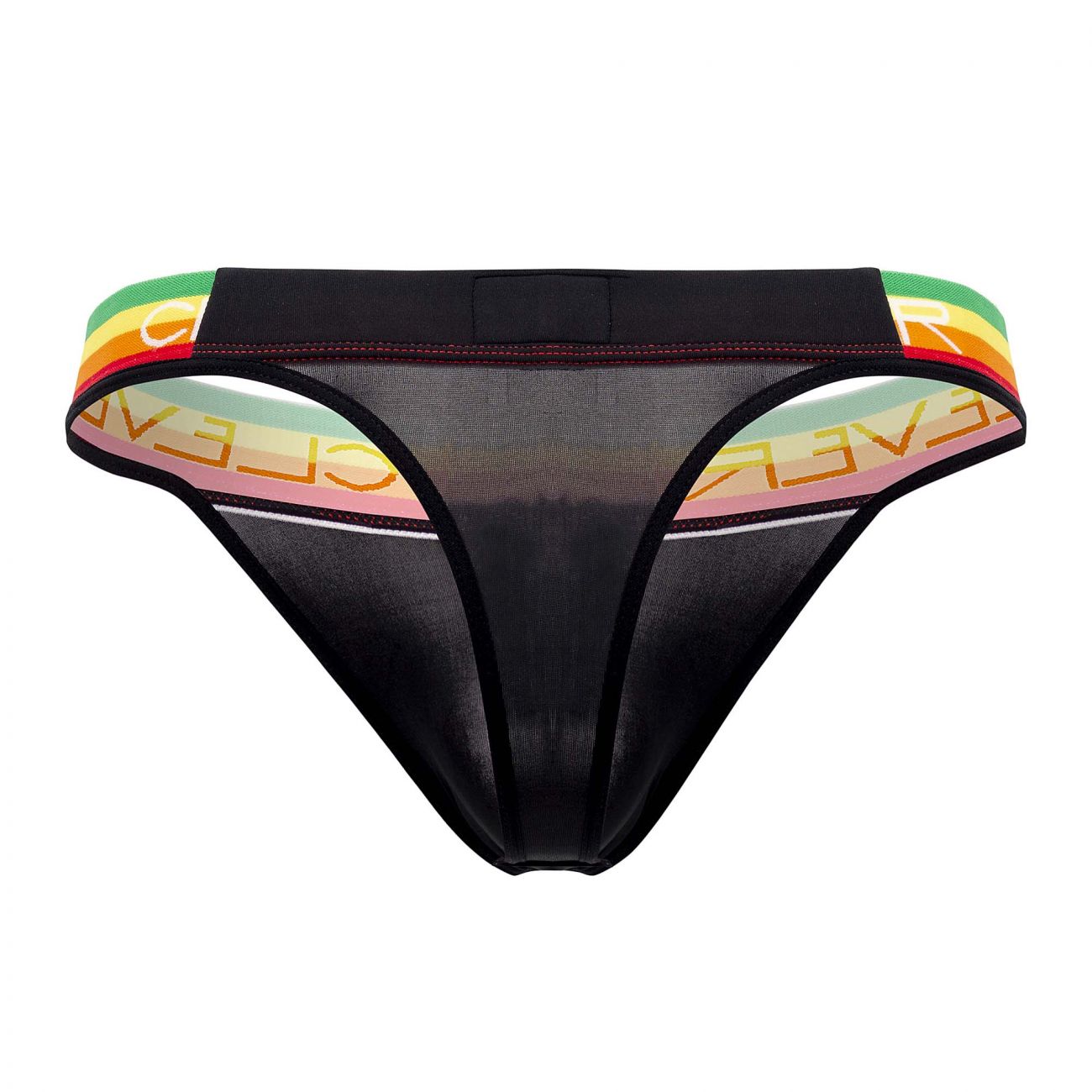 Black mesh clever 0939 orion thong with rainbow waistband and orange clever lettering