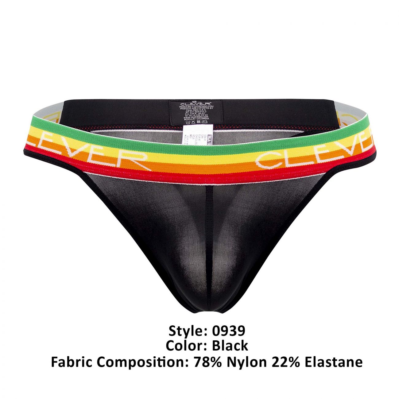 Black sheer nylon and elastane thong with colorful rasta-striped waistband and clever branding from Clever 0939 Orion