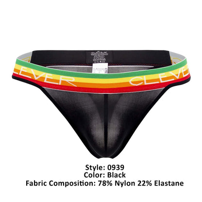 Black sheer nylon and elastane thong with colorful rasta-striped waistband and clever branding from Clever 0939 Orion