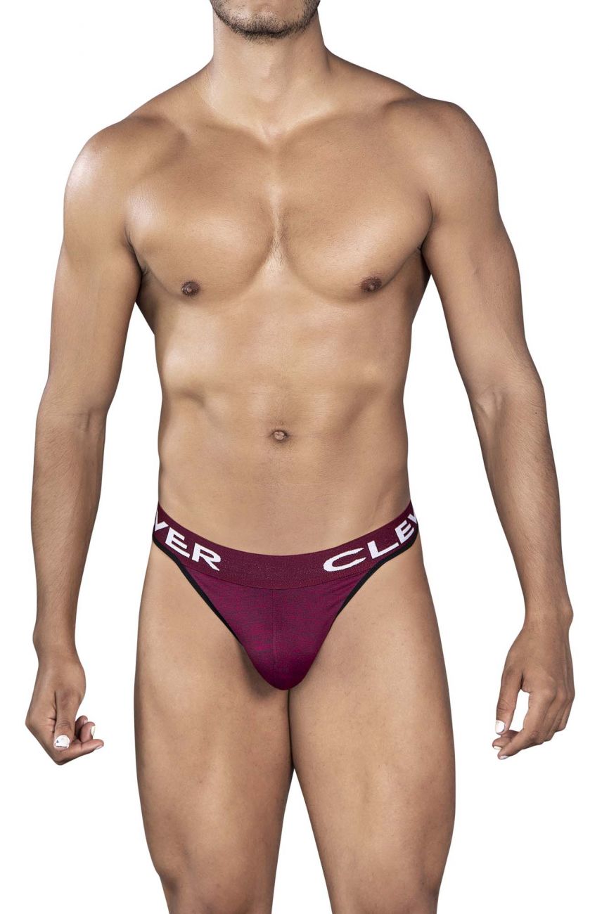 Maroon athletic briefs with white clever branding on the waistband in a grape color for active wear