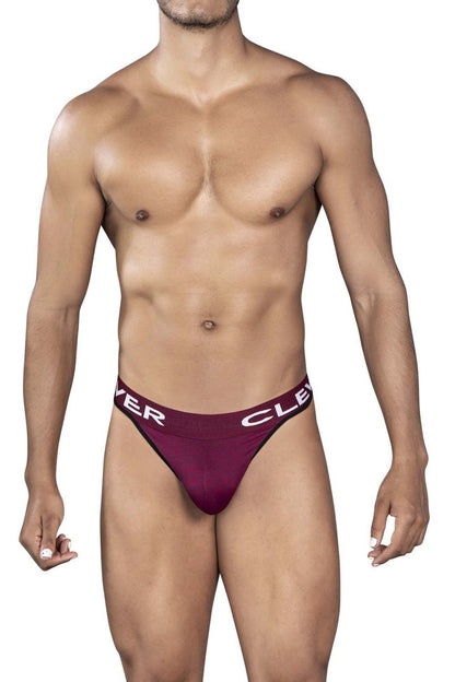 Maroon athletic briefs with white clever branding on the waistband in a grape color for active wear