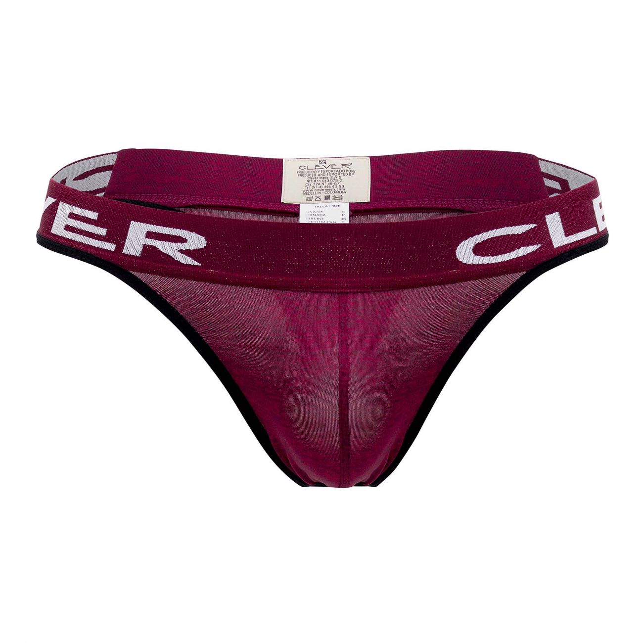 Maroon sheer mesh thong with black trim and white clover lettering on the waistband from clever 0940 jasped Grape