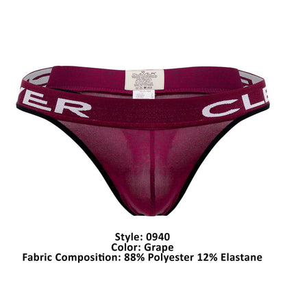 Clever 0940 jasped grape sheer mesh thong with wide elastic waistband white clover lettering and black trim back view