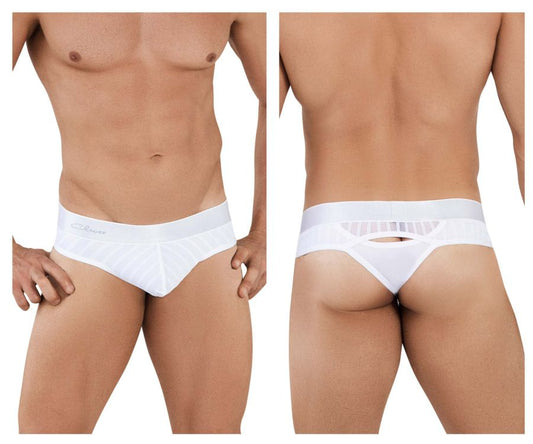 White clever 1034 lucerna thongs with sheer mesh back panel and elastic waistband for men