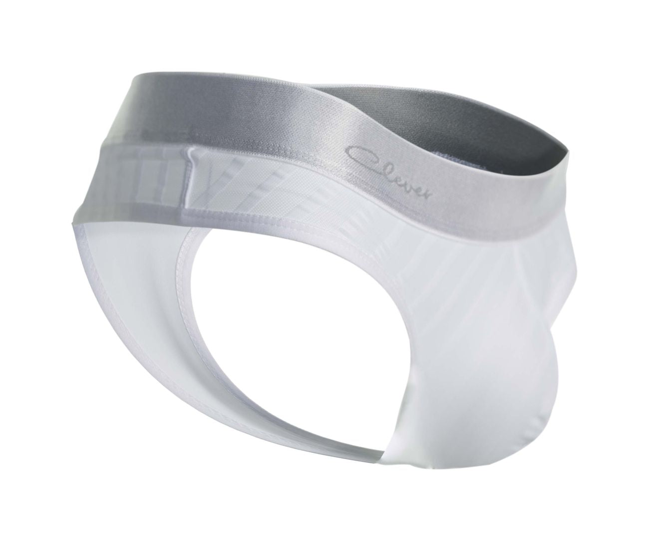 White sheer men’s briefs with a satin gray waistband featuring the Clever brand logo in the front side view