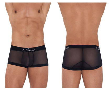 Black sheer boxer briefs with a black elastic waistband featuring clever branding in white cursive script