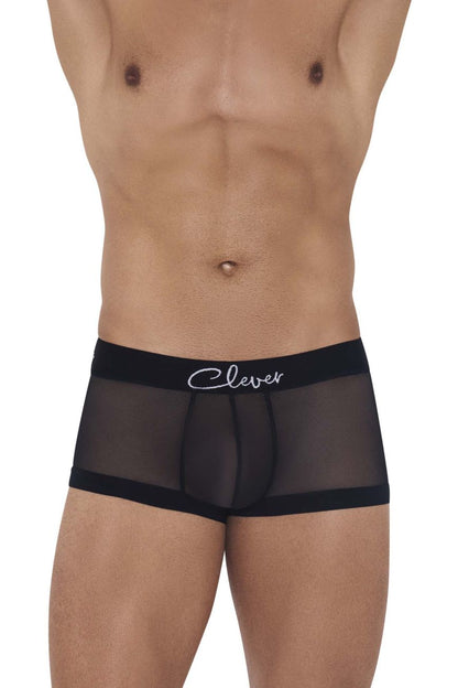 Black sheer boxer briefs with a solid black waistband and clever logo in white cursive from clever 1226 demon trunks