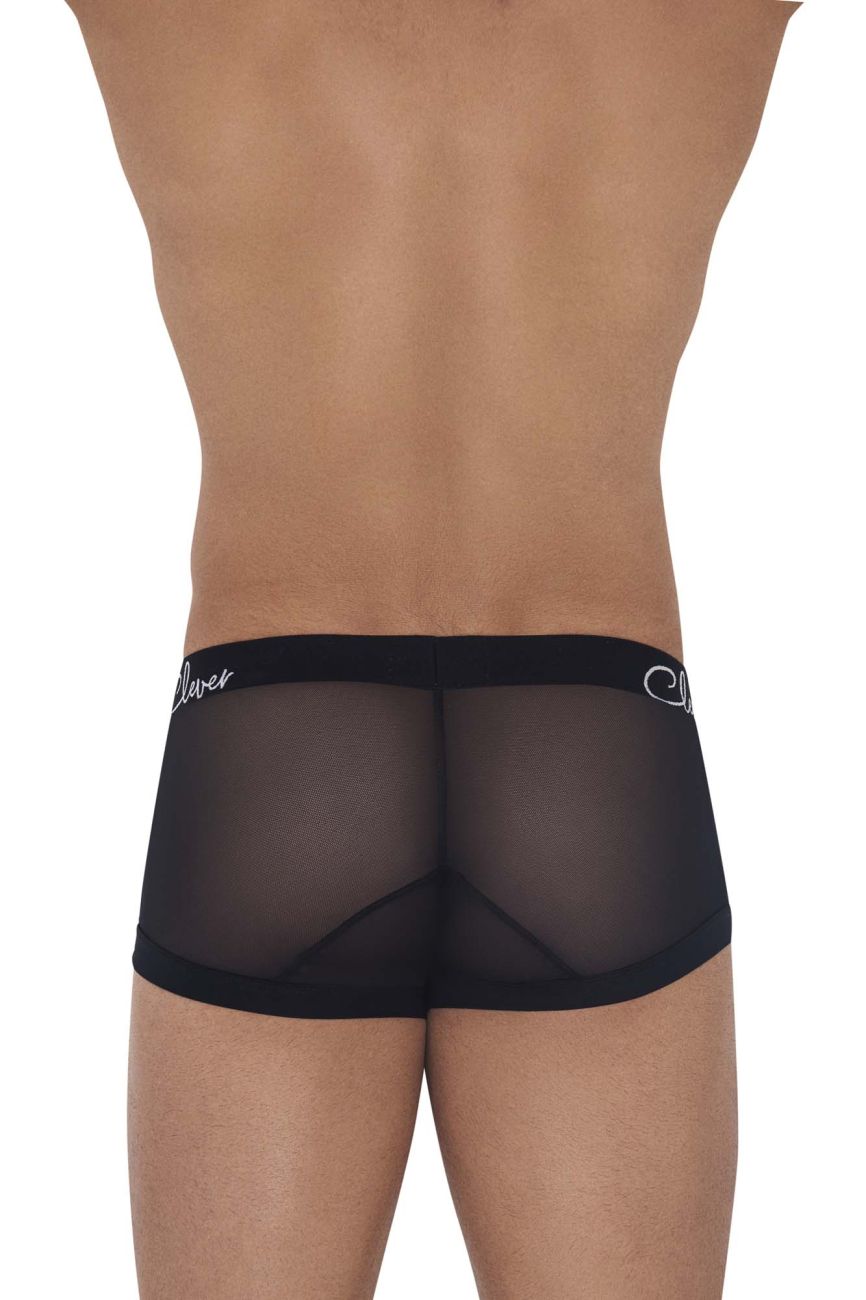 Black sheer mesh briefs with solid black waistband featuring white cursive clever branding clever 1226 demon trunks