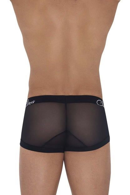 Black sheer mesh briefs with solid black waistband featuring white cursive clever branding clever 1226 demon trunks