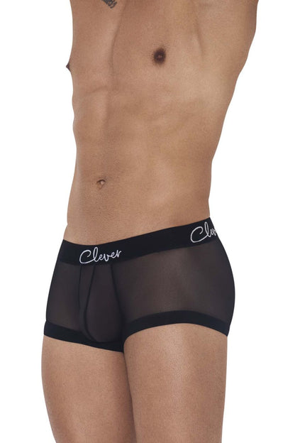Black sheer boxer briefs with solid black waistband branded clever in white cursive from clever 1226 demon trunks