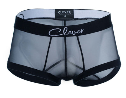 Black sheer mesh briefs with black elastic waistband featuring clever logo in white cursive from clever 1226 demon trunks