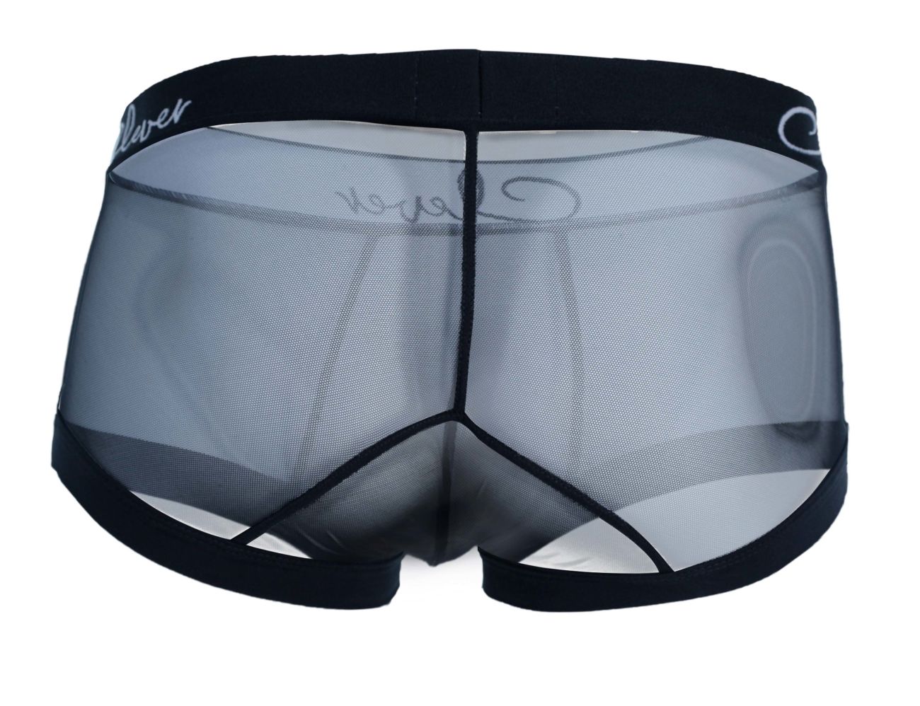 Black mesh men’s clever 1226 demon trunks with solid black waistband and lover logo in white cursive script