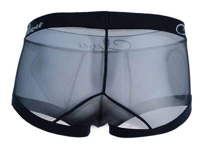 Black mesh men’s clever 1226 demon trunks with solid black waistband and lover logo in white cursive script