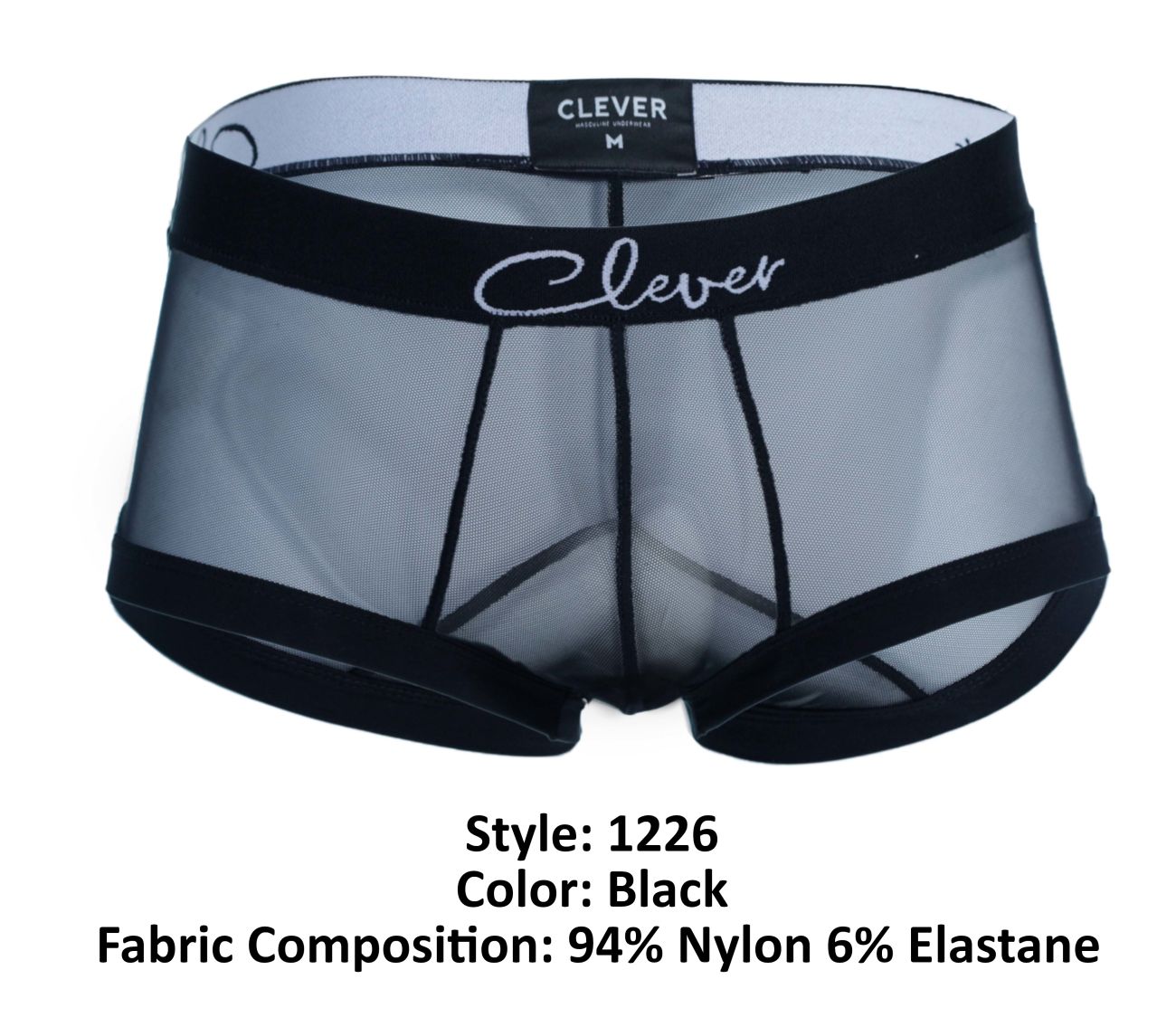 Black sheer mesh clever 1226 demon trunks briefs with black elastic trim and white clever logo on waistband