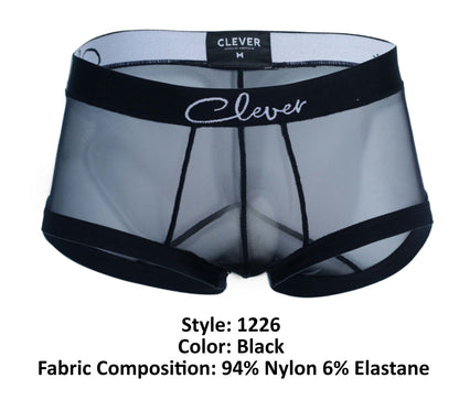 Black sheer mesh clever 1226 demon trunks briefs with black elastic trim and white clever logo on waistband
