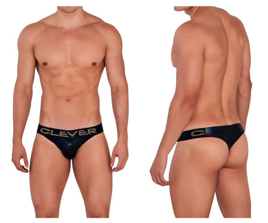 Black glossy briefs with clever branding in silver lettering on the waistband from clever 1410 earth thongs collection