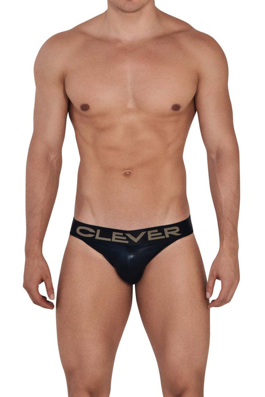 Black patent leather briefs with a sleek glossy finish and gold clever lettering on the waistband from clever 1410 earth thongs