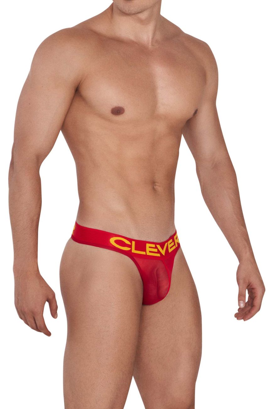 Red clever 1411 wind thong featuring a bold yellow logo on the waistband made for comfortable wear