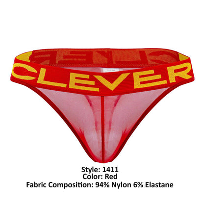 Red sheer mesh thong with bold yellow clever branding on the waistband from clever 1411 wind thongs in red