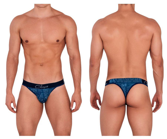Blue patterned clever 1416 lush thongs men’s briefs with black waistband featuring clever brand name