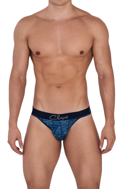 Men’s navy blue and teal patterned clever 1416 lush thongs with black waistband and white brand logo in front view