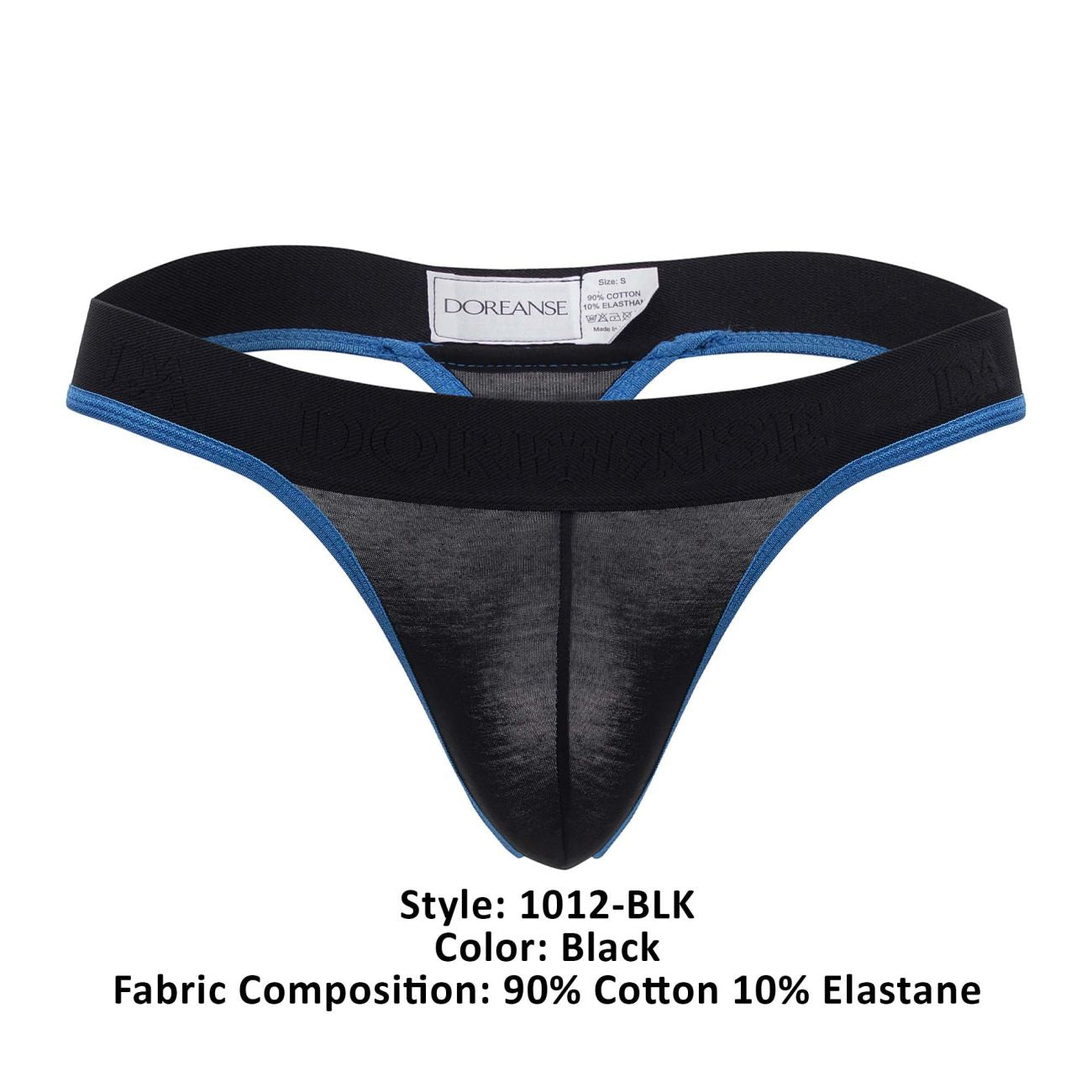 Black doreanse 1012-blk borderline thong with blue trim and sheer mesh front panel in a sleek lingerie design