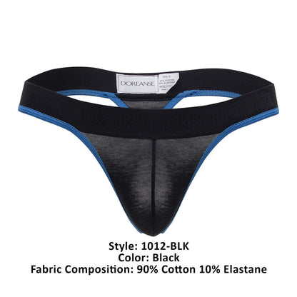 Black doreanse 1012-blk borderline thong with blue trim and sheer mesh front panel in a sleek lingerie design