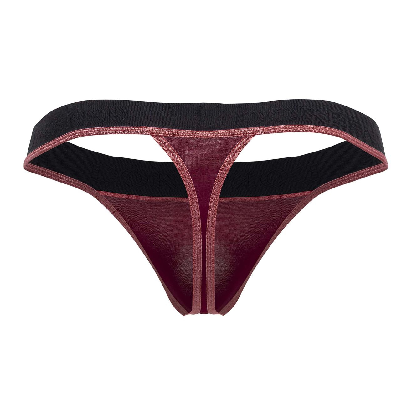 A maroon and black sheer thong with textured fabric and an embossed elastic waistband from Doreanse 1012-BRD Borderline