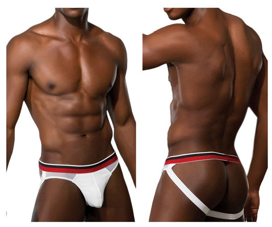 Doreanse 1212-WHT metro jock white athletic briefs with red and black striped waistband and white side straps