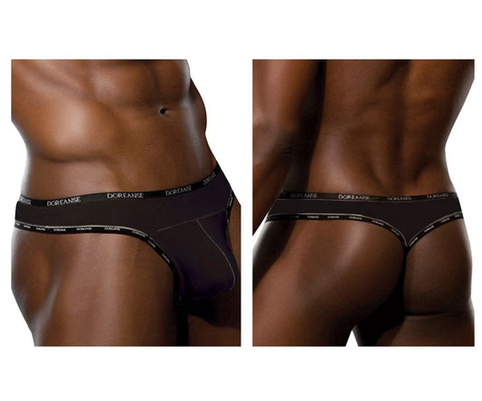 Black doreanse 1216-blk naked thong briefs with sleek form-fitting design and subtle white lettering on waistband