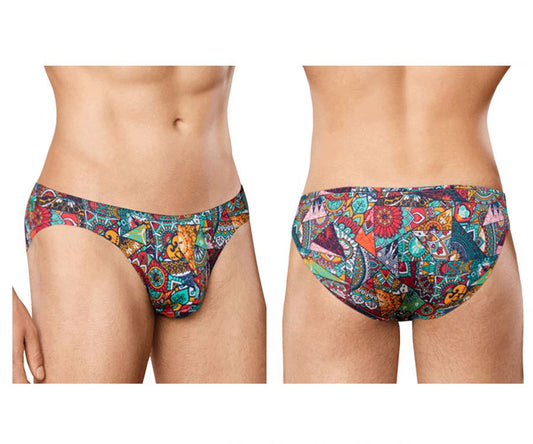 Vibrant doreanse 1217-prn groovy bikini color printed swim trunks with colorful geometric and tribal patterns in teal orange red and green