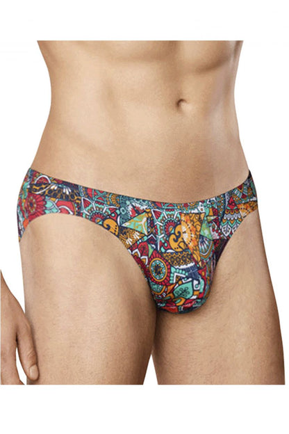 Doreanse 1217-PRN groovy bikini color printed men’s briefs with vibrant red teal orange and navy tribal geometric design