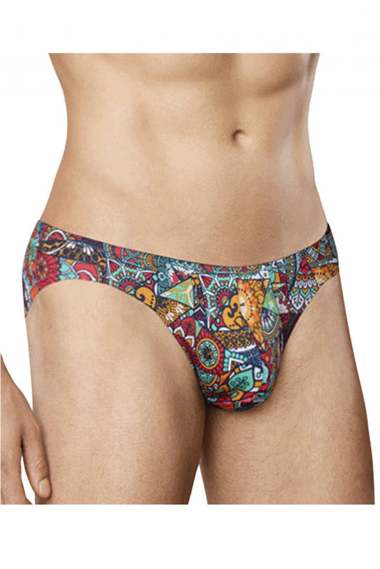 Doreanse 1217-PRN groovy bikini color printed men’s briefs with vibrant red teal orange and navy tribal geometric design
