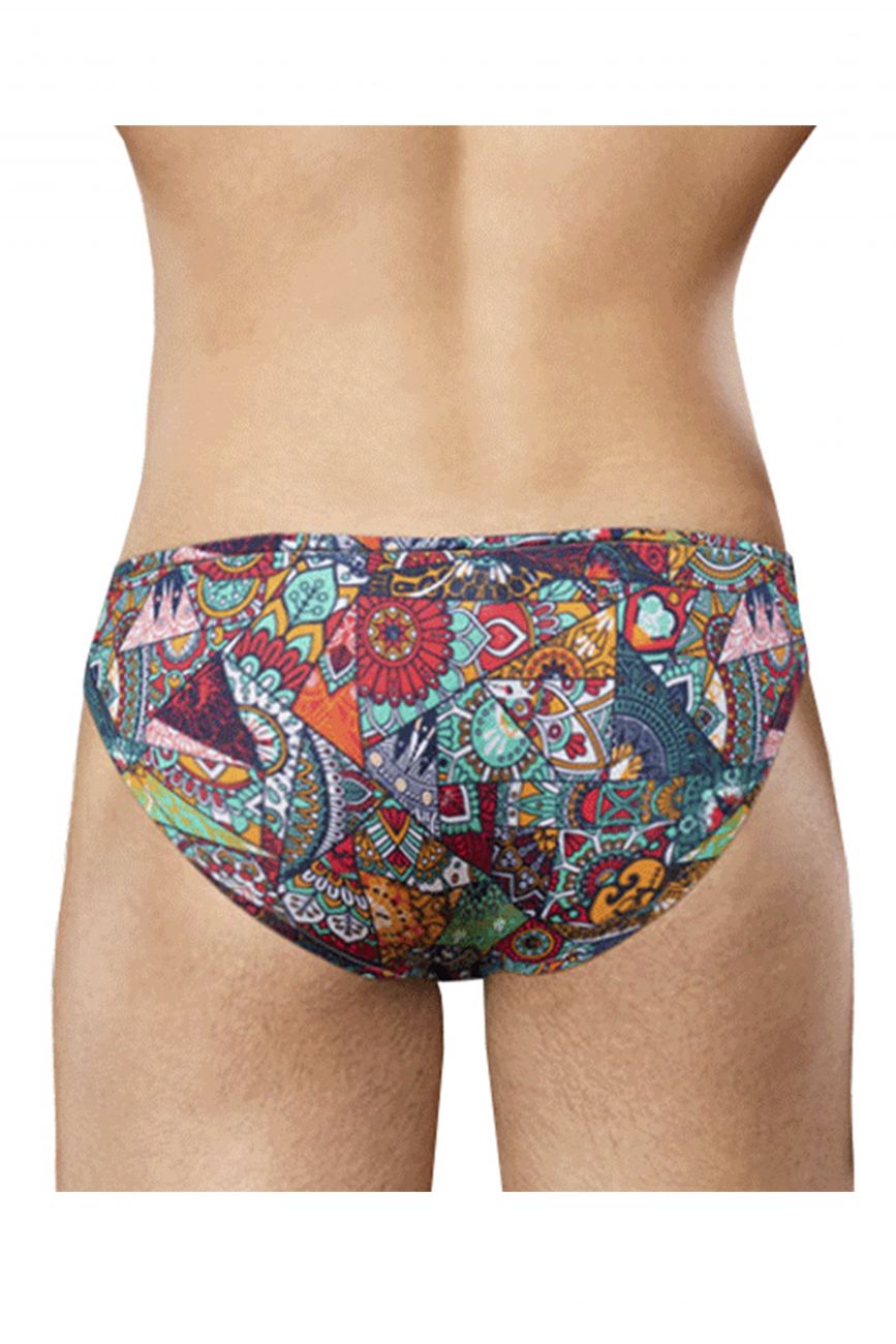 Doreanse 1217-prn groovy bikini color printed men’s swim trunks with vibrant mosaic geometric and floral patterns in teal and orange
