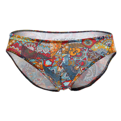 Doreanse 1217-prn groovy bikini color printed vibrant men’s briefs with colorful orange red blue yellow mosaic design on stretchy fabric