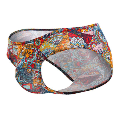 Colorful patterned men’s briefs doreanse 1217-PRN groovy bikini with mandala designs in red orange blue and yellow on stretchy fabric
