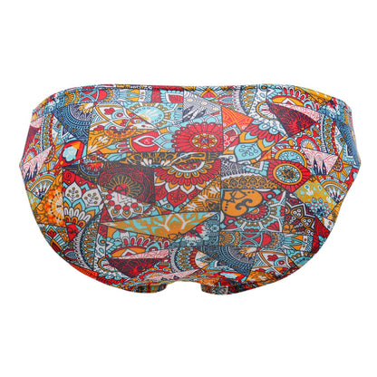 Doreanse 1217-PRN groovy bikini color printed swim trunks with vibrant multicolored mandala and geometric patchwork design