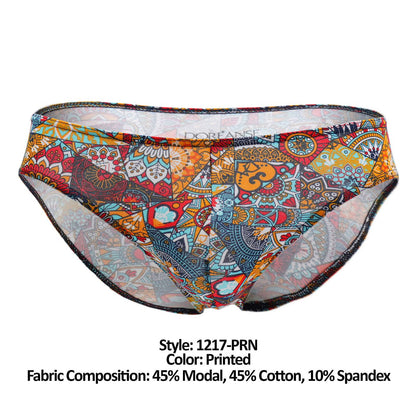 Doreanse 1217-prn groovy bikini color printed briefs with vibrant mandala patterns in orange red blue and yellow hues